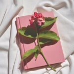 różowa-książka-i-róża-na-białej-pościeli